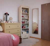 Kinderzimmer mit Schrank, Spiegel, großem Plüschbären und Boden mit Holzdekor.