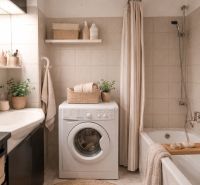 Badezimmer mit Dusche, Waschmaschine, Waschbecken und Dekorationen in einer 4-Zimmer-Wohnung.