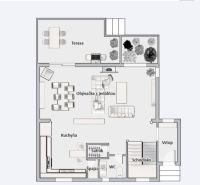 Grundriss eines Einfamilienhauses mit Terrasse, Küche, Wohnzimmer, Esszimmer, Ankleidezimmer und WC.