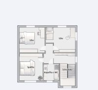 Grundriss des Stockwerks eines Einfamilienhauses: drei Zimmer, Badezimmer mit WC, Treppenhaus.