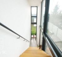 Treppe mit Holzdekor in einem Einfamilienhaus mit großen Fenstern und Blick in den Garten.