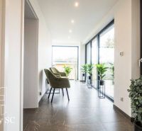 Innenraum eines Einfamilienhauses mit großen Fenstern, Pflanzen und einem Boden in Holzoptik.
