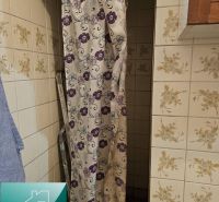 Duschkabine mit Blumen-Duschvorhang und Fliesen im Einfamilienhaus.