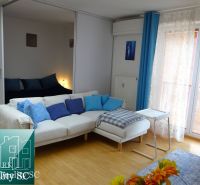 Innenraum einer Einzimmerwohnung mit Holzboden, weißem Sofa und blauen Accessoires.