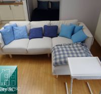 Einzimmerwohnung mit einem weißen Sofa, blauen Kissen und einem Boden in Holzoptik.