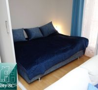 Blaues Bett mit Kissen in einer Einzimmerwohnung, Boden mit Holzdekor.
