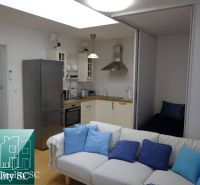 Küche mit Sofa in einer Einzimmerwohnung, Holzboden, weiße Schränke.