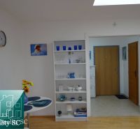 Innenraum einer Einzimmerwohnung mit Holzboden, weißen Möbeln und Dekorationen.