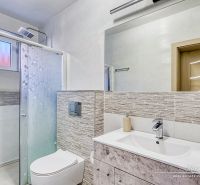 Kompaktes Badezimmer mit Toilette und Dusche in einem Einfamilienhaus, dekoriert mit Mosaikfliesen.