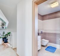 Badezimmer in einem Einfamilienhaus mit Pflanzen, Fliesen und Waschmaschine, helle und elegante Umgebung.