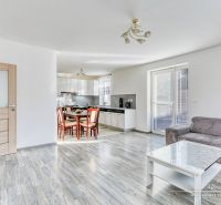 Innenraum eines Einfamilienhauses mit offener Küche und Wohnzimmer, Boden mit Holzdekor.