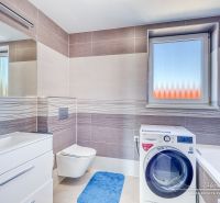 Badezimmer in einem Einfamilienhaus mit Waschmaschine, Waschbecken und Fenster mit Mattglas.