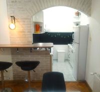Küche mit Bartresen und Holzboden in einer 2-Zimmer-Wohnung.