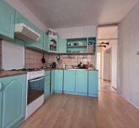 Küche mit grüner Küchenzeile und Boden in Holzoptik in einer 4-Zimmer-Wohnung.