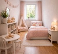 Kinderzimmer mit rosa Accessoires, Tisch und Zelt, Boden mit Holzdekor.