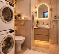 Badezimmer mit Waschmaschine, Waschbecken, Dusche und dekorativen Pflanzen in einer 4-Zimmer-Wohnung.