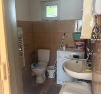 Badezimmer in der Hütte mit Toilette, Waschmaschine und Waschbecken. Fliesen an den Wänden.