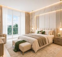 Elegantes Schlafzimmer mit Balkon und Holzboden in einer 2-Zimmer-Wohnung.