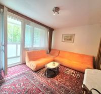 Wohnzimmer in einer Zweizimmerwohnung mit Teppich und orangefarbenem Sofa.