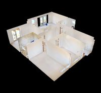 3D-Grundriss des Innenraums eines Einfamilienhauses mit sichtbarer räumlicher Anordnung der Räume.
