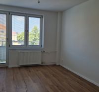 Ein Zimmer in einer 3-Zimmer-Wohnung mit einem Holzboden, einem großen Fenster und einem Heizkörper.