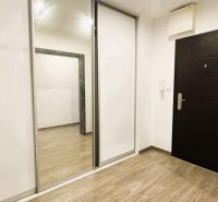 Eingangsbereich in einer 4-Zimmer-Wohnung mit weißem Schrank und Boden in Holzoptik.