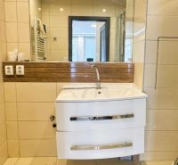 Badezimmer mit Waschbecken, Spiegel und Duschkabine in einer 4-Zimmer-Wohnung.