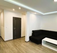 4-Zimmer-Wohnung mit Sofa, Tisch und Boden in Holzoptik.