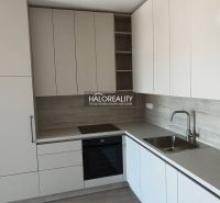 Küche in einer Einzimmerwohnung mit weißen Schränken und einem Boden in Holzoptik.