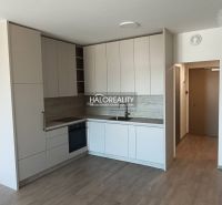 Küche in hellen Farbtönen mit Holzboden in einer Einzimmerwohnung.