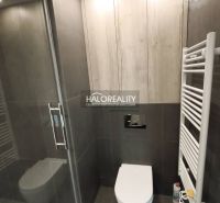 Badezimmerschrank mit Waschbecken in einer Einzimmerwohnung mit Holzdekor und grauen Fliesen.