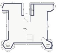 Grundriss eines Büros in einer Hütte mit einer Fläche von 21 m² und vier Nischen.