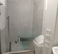 Badezimmer in einer 2-Zimmer-Wohnung mit geräumiger Dusche und weißen Möbeln.