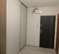 Der Flur in einer 2-Zimmer-Wohnung mit einem Einbauschrank und Regalen zur Aufbewahrung.