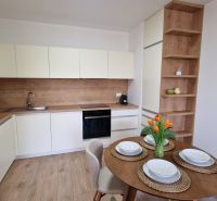 Küche in einer 2-Zimmer-Wohnung mit Tisch und Boden in Holzoptik.