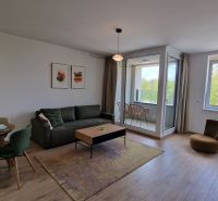 Wohnzimmer in einer 2-Zimmer-Wohnung mit Holzboden und verglaster Loggia.