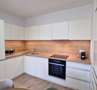Küche in einer 2-Zimmer-Wohnung mit Holzdekor und eingebauten Geräten.