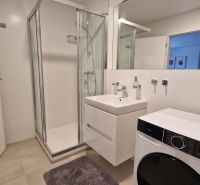 Badezimmer in einer 2-Zimmer-Wohnung mit Dusche, Waschbecken und Waschmaschine.