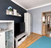 Wohnzimmer in einer 3-Zimmer-Wohnung mit Regalen, Fernseher und Holzboden.