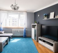 Wohnzimmer in einer 3-Zimmer-Wohnung mit Holzboden und blauem Teppich.