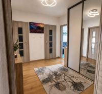 Der Flur in der 3-Zimmer-Wohnung mit einem Boden in Holzoptik und einem Spiegelschrank.