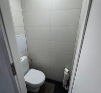 Toilette in einer 3-Zimmer-Wohnung mit minimalistischen grauen Fliesen und dunklem Boden.