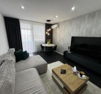 Wohnzimmer einer 3-Zimmer-Wohnung mit Ecksofa und großem Fernseher.