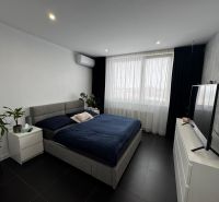 Schlafzimmer in einer 3-Zimmer-Wohnung mit einem großen Bett, Fernseher und Zimmerpflanzen.