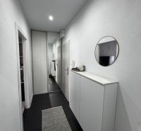 Der Flur in einer 3-Zimmer-Wohnung mit einem Spiegelschrank und einem dekorativen Teppich.