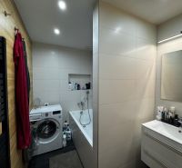 Badezimmer in einer 3-Zimmer-Wohnung mit Badewanne, Waschmaschine und Holzwanddekor.