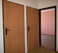 Innenraum einer 3-Zimmer-Wohnung mit Türen in Holzdekor und einem Telefon an der Wand.