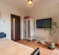 Wohnzimmer in einer 4-Zimmer-Wohnung mit Holzboden, Fernseher und Pflanze.