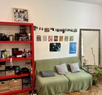 Wohnzimmer in einer Zweizimmerwohnung mit einem grünen Sofa, einem roten Regal und einem Boden mit Holzdekor.
