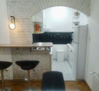 Küchenecke mit Bar, Ziegelbogen, Boden mit Holzdekor, 2-Zimmer-Wohnung.